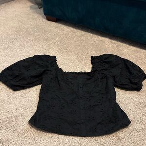 GAP Black Eyelet Puff-Sleeve Square-Neck Blouse